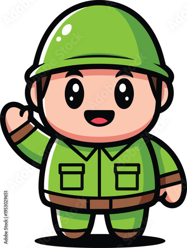 A cartoon soldier in green uniform and helmet waves hand standing