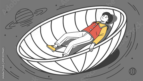Surreal space illustration of a person resting in a spherical capsule floating among planets and stars