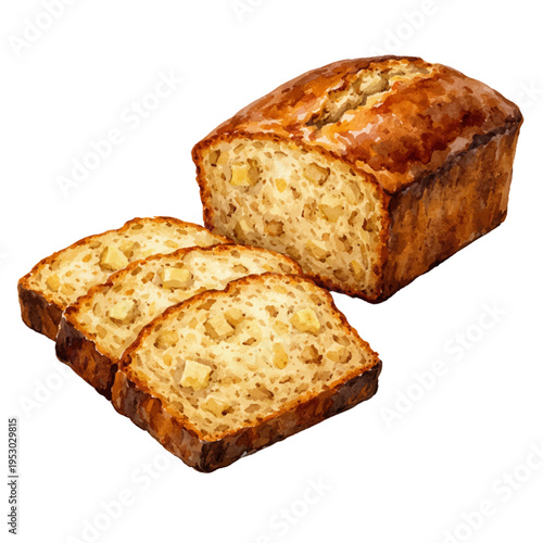 A watercolor banana bread loaf with sliced pieces, featuring golden brown crust and soft moist crumb with banana texture, isolated on a transparent background.