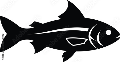 Black fish silhouette icon, aquatic animal symbol for seafood or fishing industry, sea life vector illustration isolated on white background