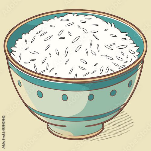 Bowl of cooked rice with decorative rim, asian cuisine staple food illustration