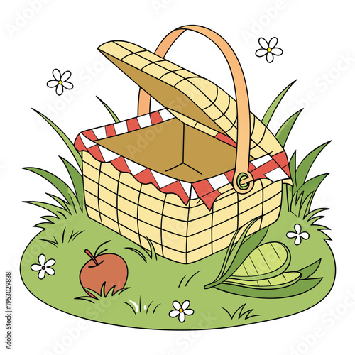 Open picnic basket on grass with apple and flowers illustration with white background