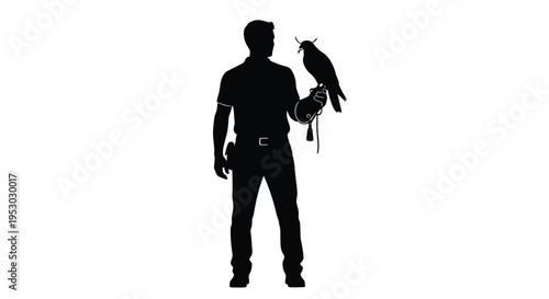 Silhouette of man holding falcon vector