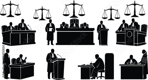 courtroom justice silhouettes collection, judge lawyer court scenes, legal system illustration, scales of justice icons, courtroom law professionals set