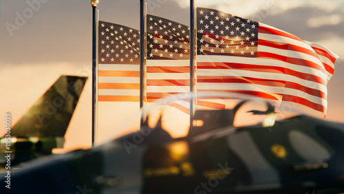 American flags waving near military fighter jets at sunset — US air force patriotic concept, national defense, military technology, homeland security, U.S. Air Force base