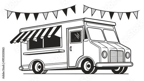 Outline illustration of a food truck with bunting flags, simple vector