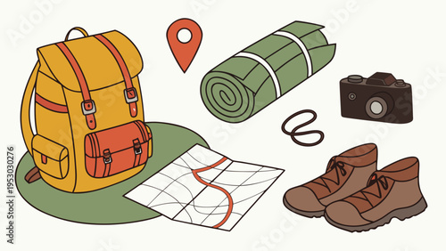 Backpack, map, boots, camera and mat for hiking and travel illustration