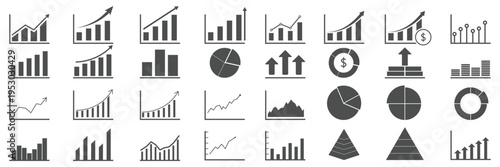Growth icon set. Containing arrow up and down, growing graph, business Bar chart icons. Ascending and descending schedule. Business infographics. Statistic data, charts, vector. grow chart. 