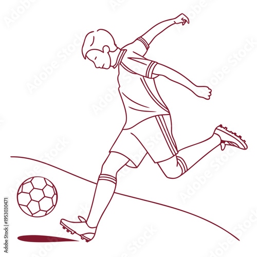 Young male soccer player kicking a ball in a dynamic outline illustration