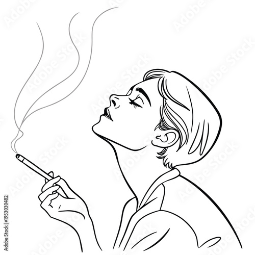 Line drawing of a woman smoking a cigarette, with stylized smoke