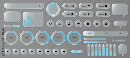 Glassmorphism UI set with transparent battery widgets and frosted toggles for app dashboard mockups, realistic screen design, and glass interface or component illustration