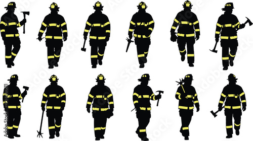 Firefighter, silhouettes, emergency, rescue, team, protective, gear, axes, tools, walking, heroes, safety, uniform, service, department, fire, brigade, responders, vector, collection