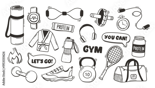 Gym equipment outline icon set with hand drawn dumbbells and workout gear for fitness app UI, healthy lifestyle posters, and energy or motivation sticker design