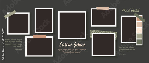 Mood board collage with polaroid frames and sticky tape for branding presentations, social media banners, and portfolio or blog template design