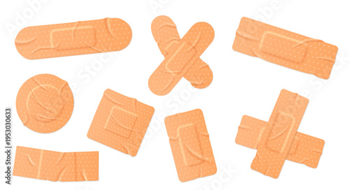 Bandage and adhesive plaster set with 3D realistic textures for first aid wound care banners, medical instruction apps, and pharmacy safety or emergency toolkit design