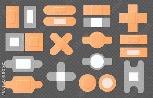 Bandage and adhesive plaster set for first aid wound protection banners, medical clinic apps, and pharmacy safety or emergency instruction template design