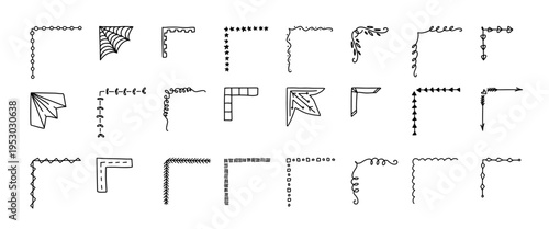 Corner frame and border doodle set with floral swirls and heart curls for vintage greeting cards, retro invitation templates, and hand drawn page or photo border design