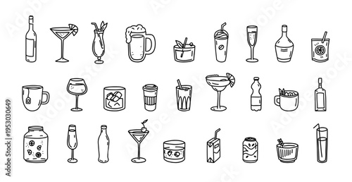 Cocktail and drinks doodle set with outline glasses and shakers for bar menu apps, mixology print design, and summer party or celebration illustration art