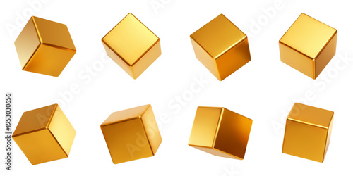 Golden 3d square with cubes box geometry and set geometric gold. Shape cube realistic with yellow metallic glossy and metal cubic vector. Render shiny golden with reflection minimal cubes