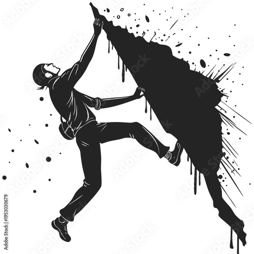 Rock climber silhouette scaling a cliff face with dynamic splash effect, vector art