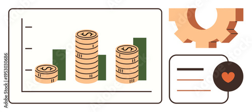 Financial planning, business development, data analysis, investment strategies, economic growth, profit management. Stacked coins beside graph bars with gear and heart icon. Financial planning