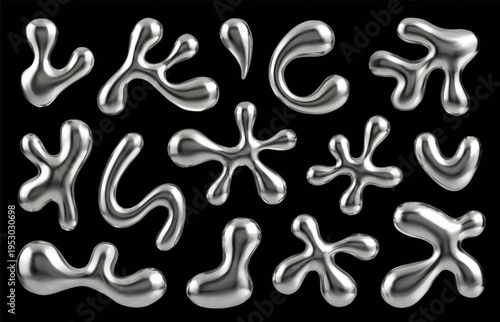 Chrome liquid 3d with blob metallic drop and metal set glossy. Reflective mercury shape with shiny futuristic y2k and vector cyber organic. Amorphous fluid chrome with black background droplet