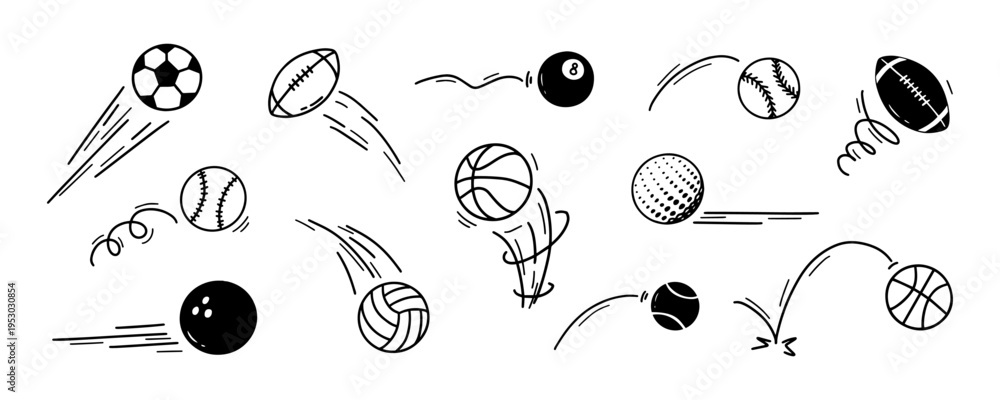 Fototapeta premium Sports balls soccer with ball bounce football for basketball volleyball baseball. Tennis golf bowling with billiards pool rugby for play game doodle. Match kick sports with spin ball speed.