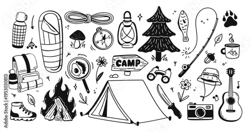 Camping camp hike, doodle trekking and backpack tent outdoor. Campfire flame lantern for compass rope sleeping and bag boots hat. Camping, binoculars knife for guitar fish.