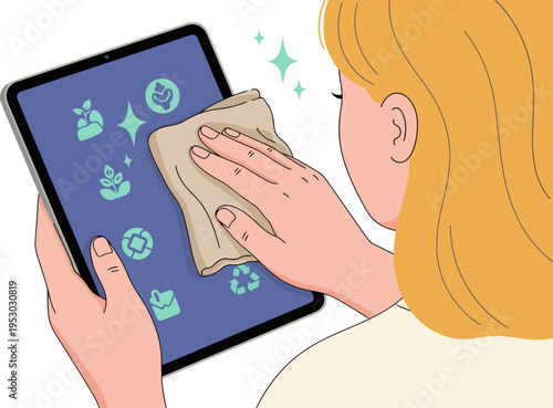 A young woman cleans her tablet with a biodegradable cloth. Clean, bright, and focused on tablet care. Ideal for tech and lifestyle visuals.