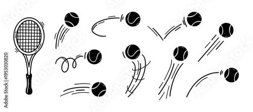 Tennis balls doodle with sport racket serve and volley bounce ballspin. Curve motion speed with trail lines trajectory and hit game racquet. Match court tennis with coaching club sport.