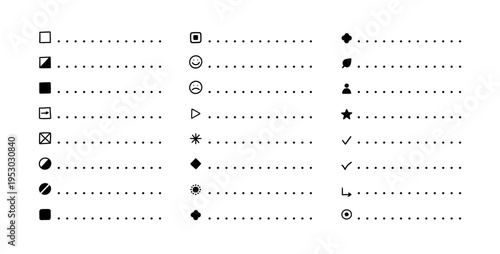 Bullet todo list for checklist points notes and icons planner journal. Bullets menu interface for icon glyph marker and pointer dotted leaf. Bullet tick check for checklist smile sad and points.