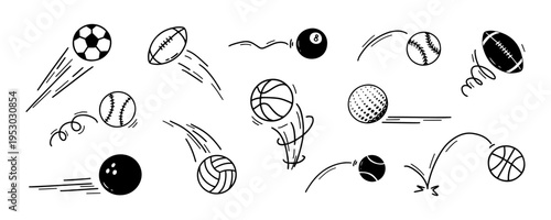 Sports balls soccer with ball bounce football for basketball volleyball baseball. Tennis golf bowling with billiards pool rugby for play game doodle. Match kick sports with spin ball speed.