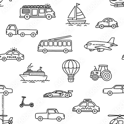 Transport car taxi with seamless vehicle police for firetruck ambulance bus. Trolleybus tram train with airplane plane vehicles for aircraft cars helicopter. Balloon ship transport.