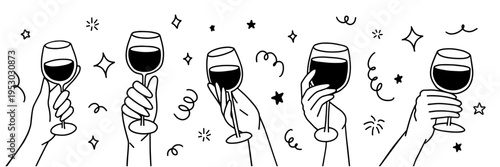 Cheers glass gesture and toast wine clink with hands hold glasses. Drink beverage alcohol and party greeting celebration with festive holiday event. Banquet cheers vector and wedding toast new.