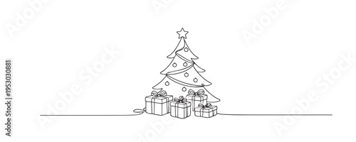 single line christmas tree.continuous line drawing of decorated tree with gift boxes.holiday celebration concept.one line vector illustration.