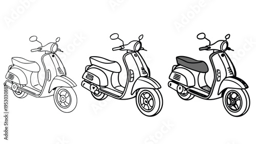 Retro scooters in three stages of design: outline, detailed, and colored vector, two wheeled