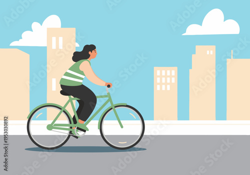 A cyclist courier wears a safety vest while riding a bicycle through a city backdrop. Modern, illustrative style. Perfect for business and lifestyle visuals.