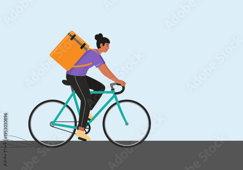 A courier delivers food via bicycle on a city street. Vibrant colors and a modern illustration style create a dynamic delivery scene.