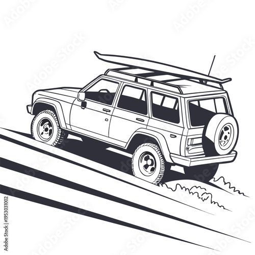 Retro off-road suv vehicle with surfboard on roof rack line art illustration
