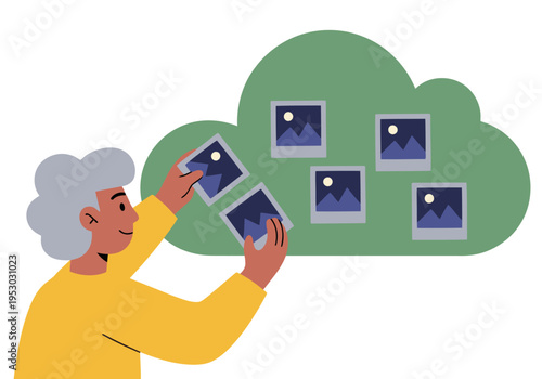An elderly woman uses a cloud service to remove duplicate photos. A clean, modern illustration showcasing digital photo organization and cloud storage. Bright, friendly design.