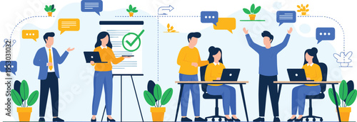 Business team collaboration workflow illustration, project discussion planning and successful teamwork concept, office employees communication process, modern flat design corporate scene