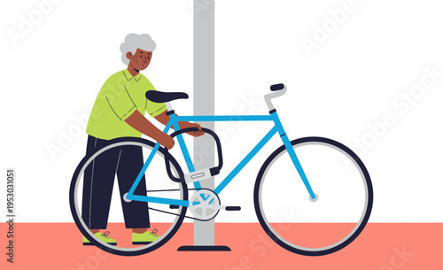 An elderly Asian man secures his bicycle with a lock on a city street. A clear, modern illustration showcases bicycle security. Bright colors and simple design.