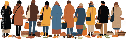 people shopping at farmers market, local food market crowd, autumn street market scene, grocery shopping lifestyle illustration