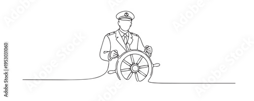 single line ship captain.continuous line drawing of captain holding steering wheel.nautical navigation concept.one line vector illustration.
