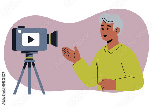 An elderly man records a video message, conveying a future legacy. Modern, friendly, and professional. Clear composition, bright lighting.