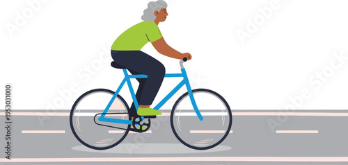 An elderly courier cycles along a dedicated bike lane. A vibrant illustration showcasing sustainable transport and an active lifestyle. Clean, modern design.