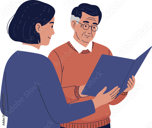 An elderly man and a young woman discuss an inheritance document. They are engaged in legacy planning, conveying trust and guidance. A professional and supportive scene.