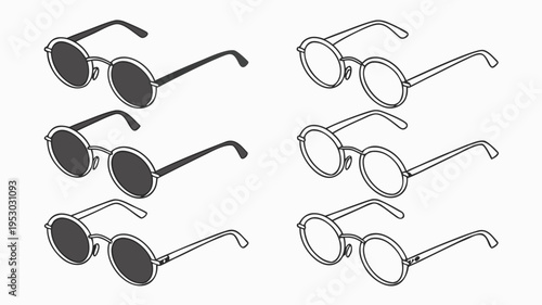 Round sunglasses collection with dark lenses and clear lenses line art