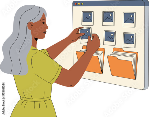 A mature woman organizes digital photos on a screen, showcasing a digital legacy. Warm colors and a focused expression highlight the importance of preserving memories.