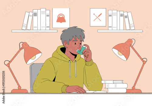 A young man uses an inhaler at his desk, surrounded by books and a lamp. Illustrative style, focusing on student health and study. Clear composition, soft colors.